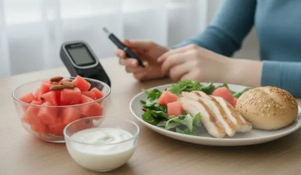 Assiette équilibrée avec pastèque et contrôle glycémique, idéale en portions mesurées