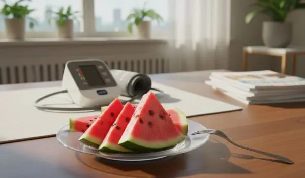 Tranches de pastèque près d'un tensiomètre, image santé cardiovasculaire