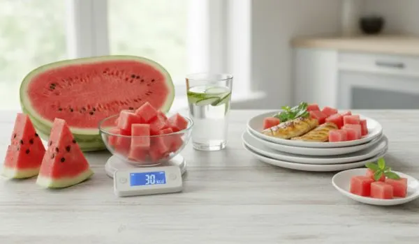 Portions de pastèque sur balance, repère pour une collation légère et contrôlée