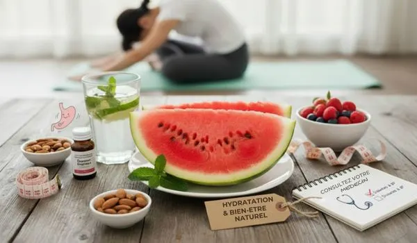 Femme profitant d'une pause pastèque, avec symboles hydratation et cœur