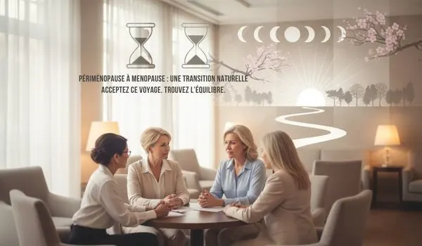 Groupe de femmes et sabliers symbolisant la durée de la transition vers la ménopause