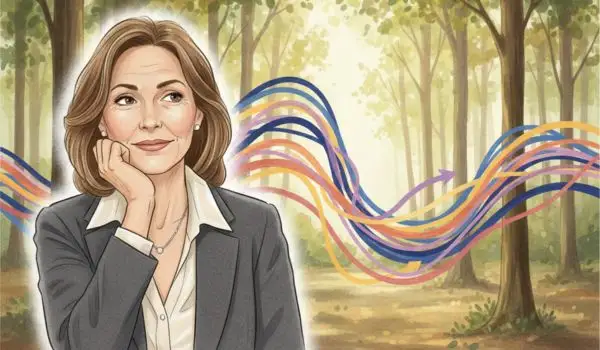 Femme pensive devant un schéma illustrant les fluctuations hormonales de la périménopause