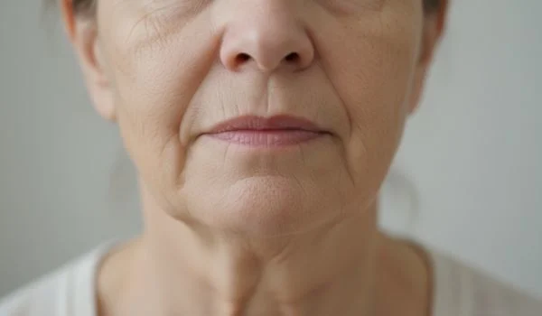 Gros plan d'un visage de femme mûre montrant une peau plus fine et moins rebondie