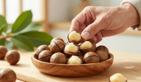 un bol en bois rempli de noix de macadamia, Une main est en train de prendre une noix
ouverte pour révéler l'intérieur crémeux.