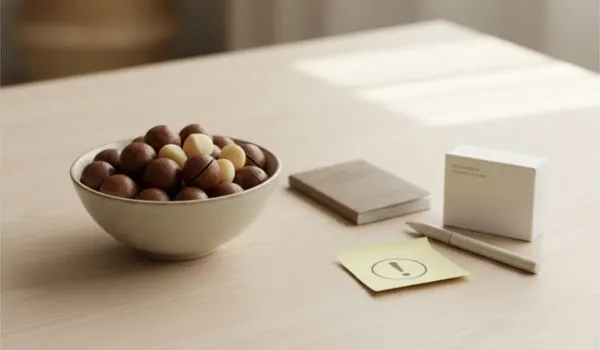 Noix de macadamia avec icônes attention médecin allergies, précautions santé seniors