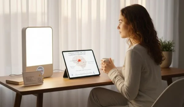 Une femme tenant une tasse consulte une tablette sur l’horloge biologique à côté d'une lampe de luminothérapie posée sur une table