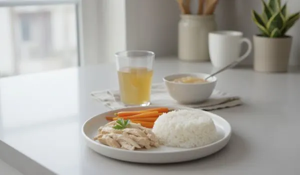 Assiette composée de riz blanc cuit à la vapeur, de poulet
cuit émincé garni d'herbes et de bâtonnets de carottes cuites
