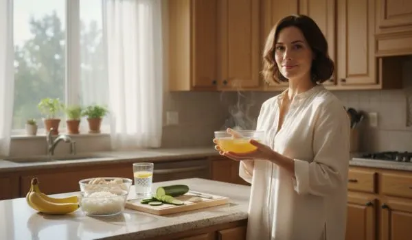Une femme tient un bol de soupe fumante dans sa cuisine. Sur le comptoir, on trouve une banane, du riz, un concombre et de l'eau.