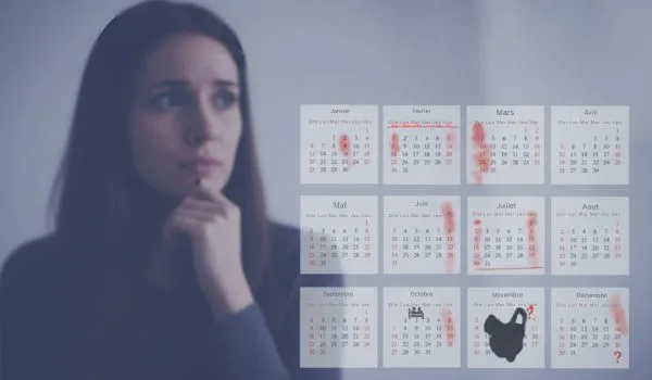 Calendrier menstruel affichant des cycles irréguliers et silhouette de femme en réflexion