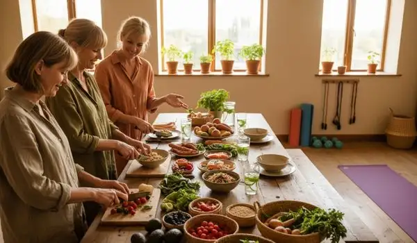 Femmes préparant un repas sain et équilibré dans une cuisine lumineuse et active