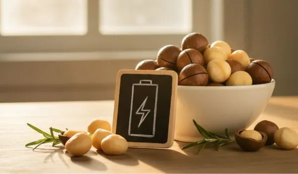 Noix de macadamia avec icônes énergie éclair batterie, vitalité seniors
