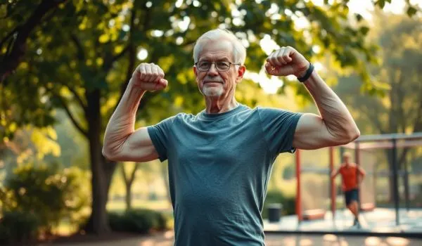 Senior actif montrant ses muscles en extérieur, symbole de vitalité et de force conservée