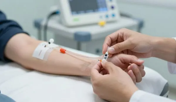 Soin de l'accès vasculaire sur le bras d'un patient avant le branchement de l'hémodialyse.