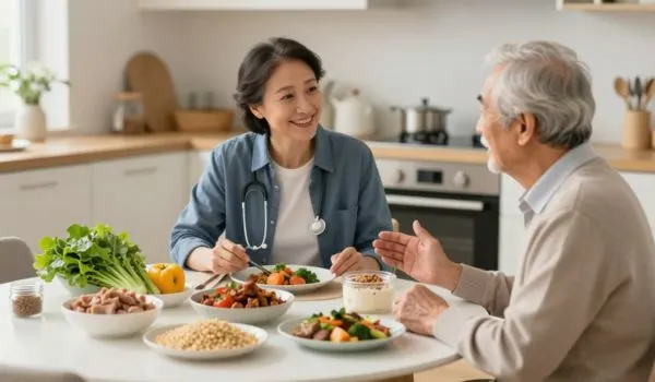 Couple senior prenant un repas équilibré pauvre en sel et potassium adapté au régime de dialyse.