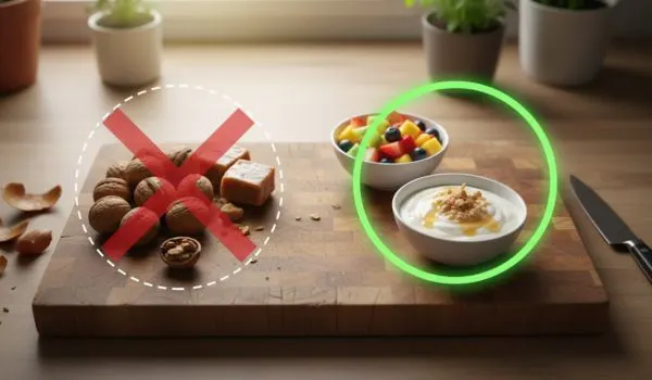 Aliments à éviter (noix dures) et aliments conseillés (fruits coupés) pour ne pas casser son appareil dentaire.