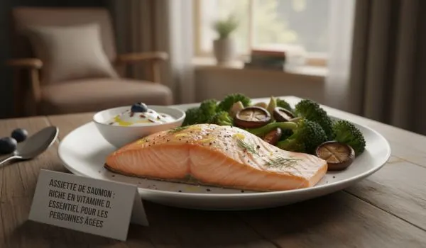 Assiette de saumon riche en vitamine D pour seniors