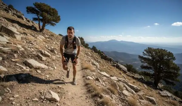 Coureur ralentissant son allure dans une montée raide sous le soleil