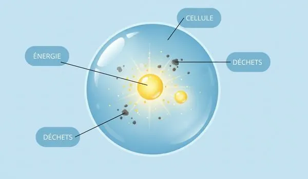 Illustration autophagie : cellule qui recycle ses déchets internes naturellement