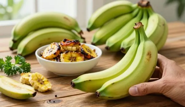 Banane plantain et assiette riche en légumes, exemple de repas rassasiant pour mieux gérer la faim