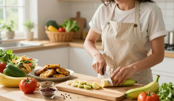 Banane plantain en tranches avec légumes et protéines, exemple d'assiette équilibrée et simple