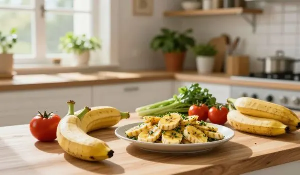 Préparation de banane plantain en cuisine, idée de repas sain et rassasiant adapté au quotidien