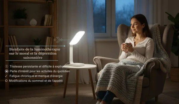 Femme assise dans un fauteuil avec une couverture et une tasse à côté d'une lampe de luminothérapie et du texte sur les bienfaits