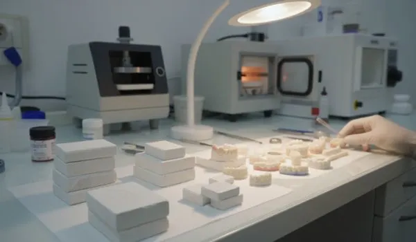 Bloc de zircone et pièces en céramique dans un laboratoire dentaire