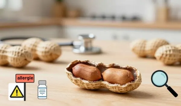 Cacahuète décortiquée avec pictogramme allergie, stéthoscope et loupe, précautions essentielles
avant consommation