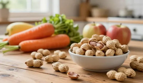 Cacahuètes nature avec carottes bâtonnets, pommes et légumes verts, idées collations saines
après 50 ans