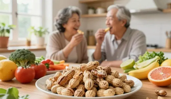 Couple seniors heureux partageant cacahuètes nature avec légumes et fruits, alimentationsaine
après 50 ans