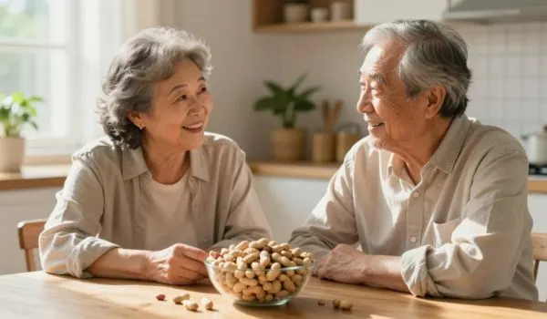 Couple seniors souriants partageant cacahuètes nature en cuisine, collation pour vitalité cognitive
après 50 ans