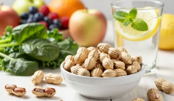 Cacahuètes nature avec fruits frais, légumes verts et eau citronnée, collation équilibrée pour santé
cardiovasculaire après 50 ans