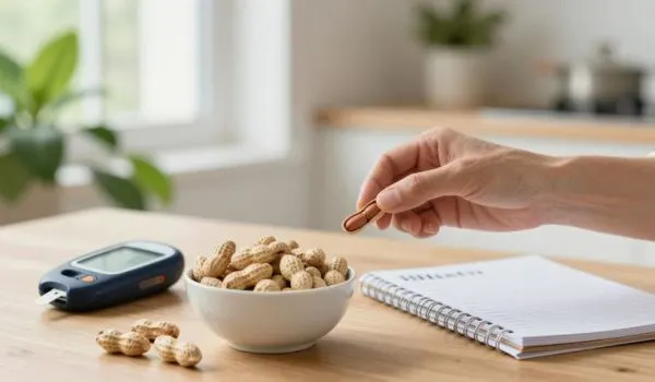Cacahuètes nature près d'un glucomètre et carnet, collation adaptée diabète et glycémie stable
après 50 ans