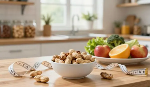 Cacahuètes nature avec mètre ruban et fruits frais en cuisine, portion raisonnable pour contrôle
poids après 50 ans