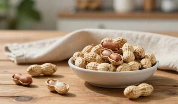 Cacahuètes nature en bol avec gousses décortiquées, portion quotidienne raisonnable sans risque
après 50 ans