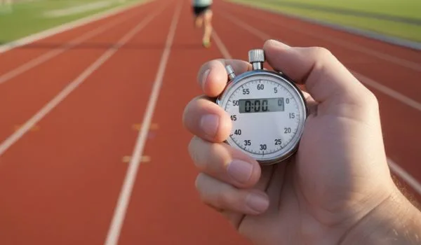 Main tenant un chronomètre sur une piste d'athlétisme pour calculer l'allure manuellement