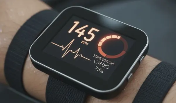 Gros plan sur une montre cardio affichant la fréquence cardiaque et la zone d'effort