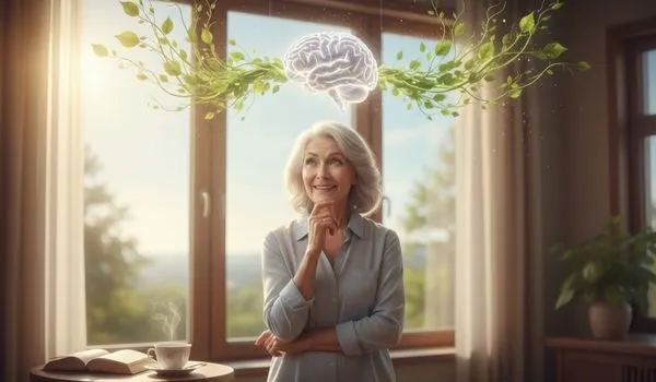 Seniore rayonnante avec cerveau qui se régénère grâce au jeûne intermittent