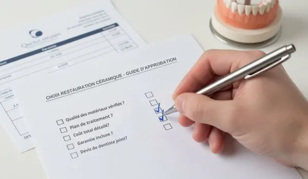 Personne cochant une liste de questions avant de valider un devis dentaire