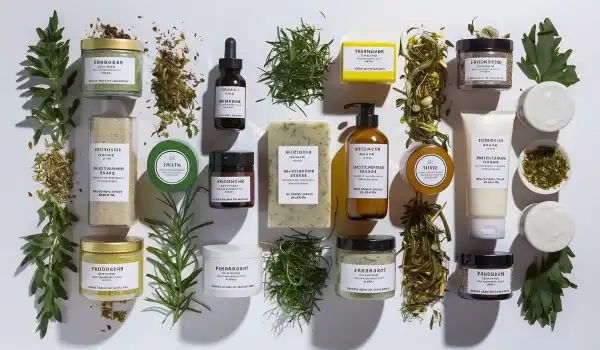 flacons et produit cosmétique en gros plan, liste d'ingrédients lisible sur le flacon.