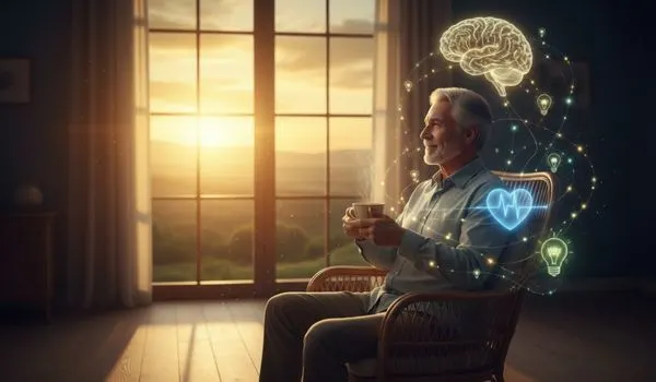 Senior serein au lever du soleil symbolisant les bienfaits durables du jeûne intermittent