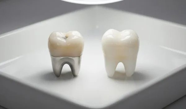 Deux couronnes dentaires posées côte à côte : métal-céramique et tout céramique