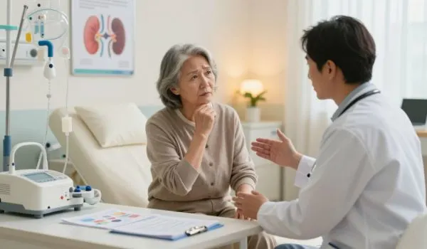 Consultation médicale résultant du fonctionnement de l'insuffisance rénale terminale chez un patient de 50 ans.
