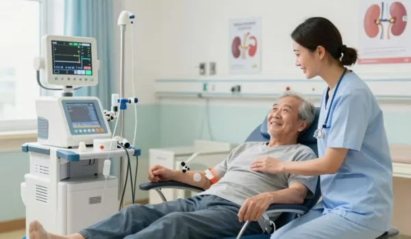 Médecin entraîne le déroulement d'une séance de dialyse à une patiente senior dans un cabinet médical.