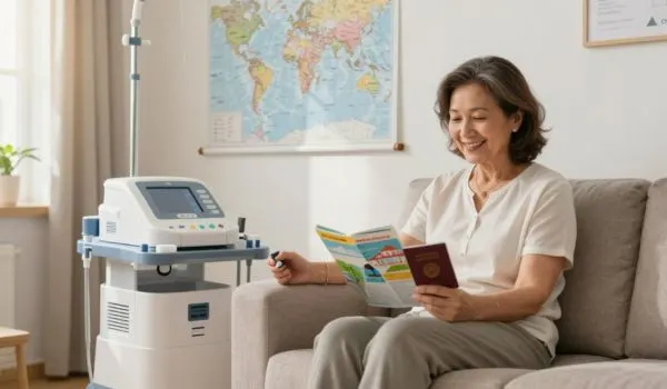 Femme de 50 ans souriante consultante un guide de voyage chez elle à côté de son appareil de dialyse péritonéale.