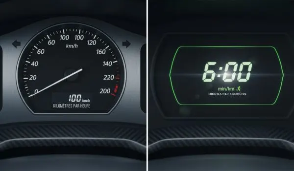 Comparaison visuelle entre un compteur de vitesse en km/h et un affichage d'allure en min/km
