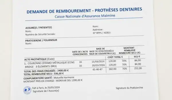 Document de remboursement des prothèses dentaires avec montants et prises en charge
