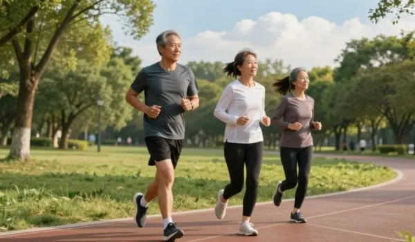 Coureurs à allure facile dans un parc, endurance fondamentale et respiration maîtrisée