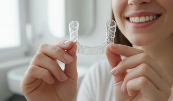 Mains tenant une gouttière orthodontique transparente Invisalign, solution amovible et pratique pour adultes.