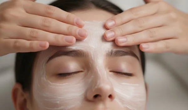 Application de crème sur le visage avec des gestes doux du centre vers l'extérieur
